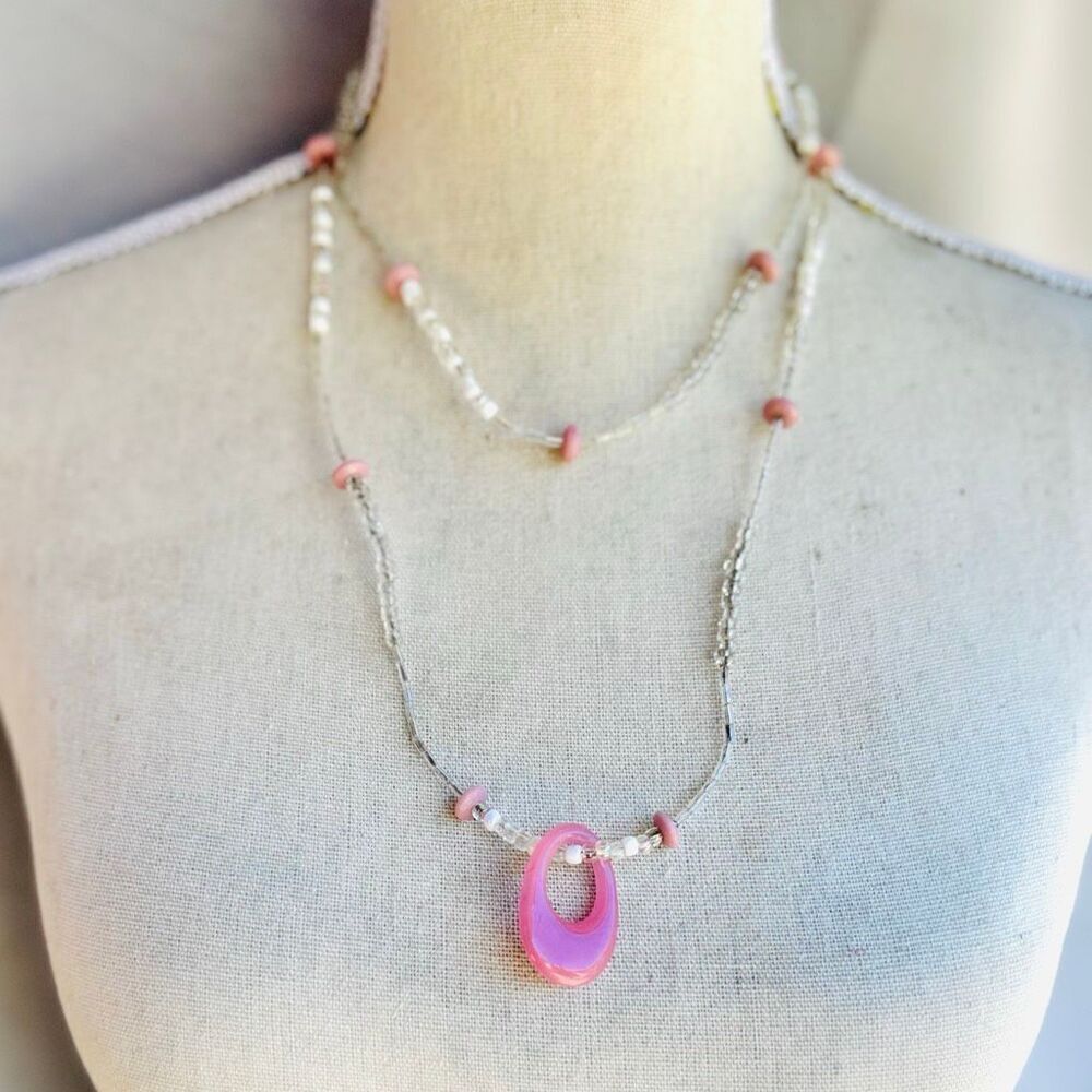 Handcrafted Clear Silver Beadβwith Vintage Pink and Pendant Long Beaded Wrap Nec